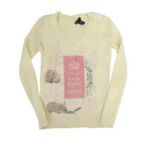y2k yellow bunny graphic cable knit sweater size S